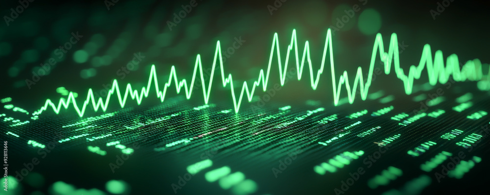Poster close-up of a vibrant green wave representing sound or data signals, illustrating technology and com