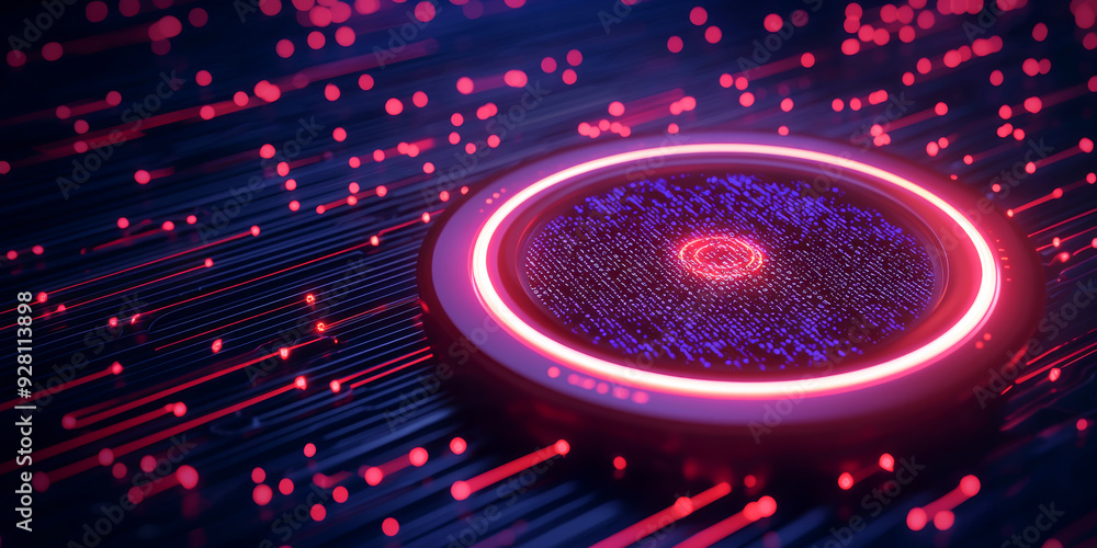 Poster futuristic abstract design featuring glowing circular patterns on a dark background, ideal for techn