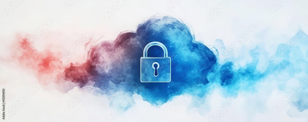 Poster a digital illustration depicting a secure lock symbol over a colorful cloud background, representing
