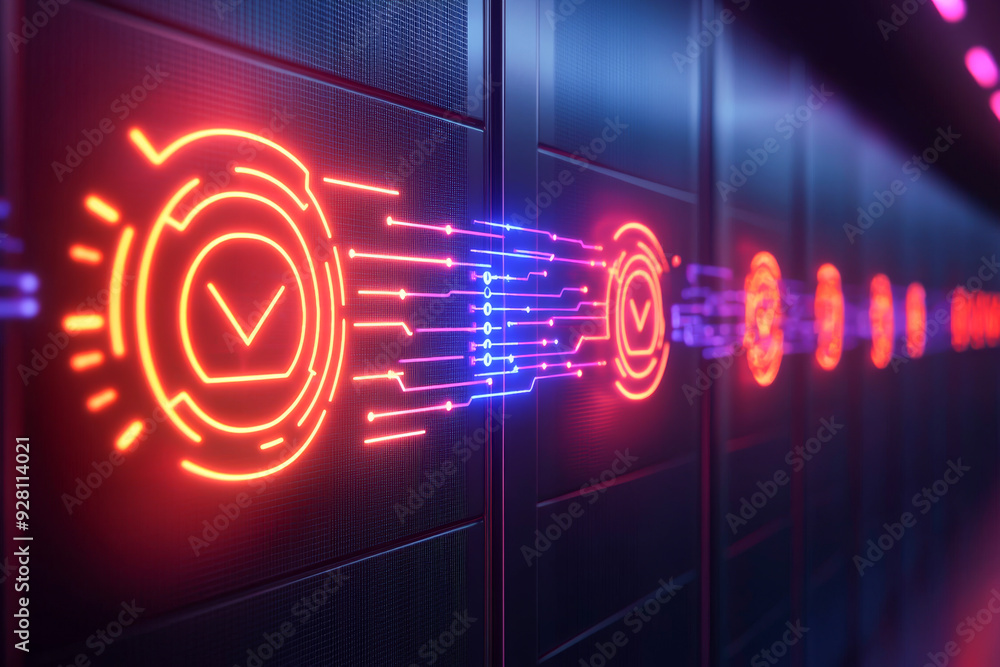Poster futuristic data center with neon lights showcasing technology and interconnectedness in a digital en