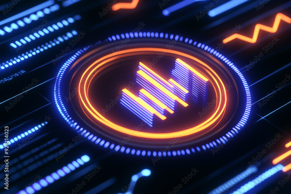 Poster futuristic data visualization featuring glowing charts and graphs on a dark background, ideal for te