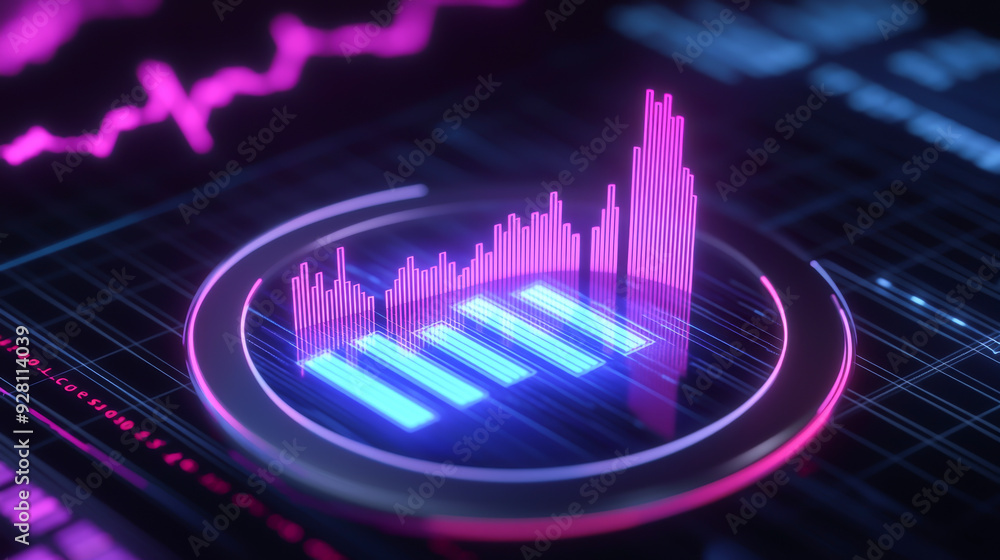 Poster futuristic data visualization with vibrant colors showcasing growth trends and analytics in a digita