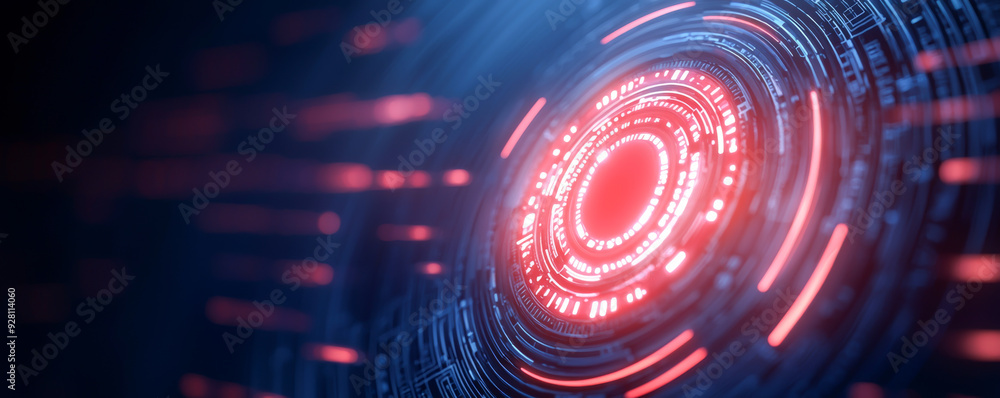 Poster futuristic digital background featuring glowing circular patterns in red and blue, perfect for techn