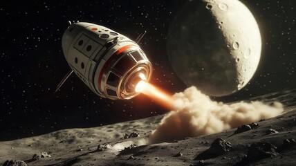 A Moon-bound spacecraft in the process of landing, with thrusters gently dispersing lunar dust in slow motion, illustration style, soft gravitational interaction