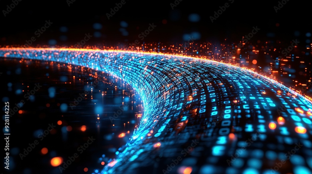 Poster glowing binary code stream in dark cyberspace
