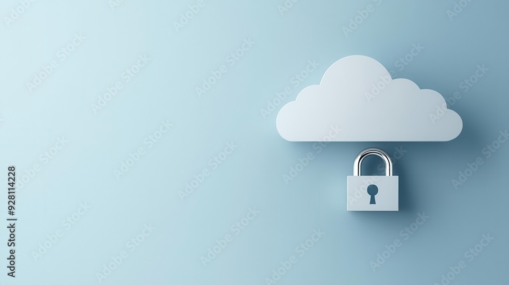 Poster a cloud symbol with a padlock, representing data security and cloud storage protection in a modern d