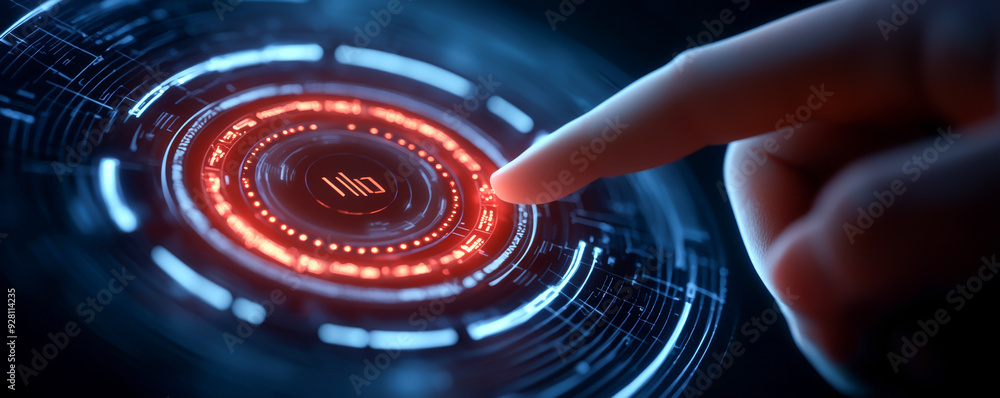 Poster futuristic interface concept with a glowing touch-sensitive circle and a human finger about to activ