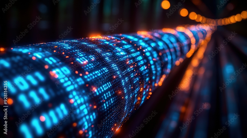 Poster a digital data pipeline flowing through a futuristic tunnel