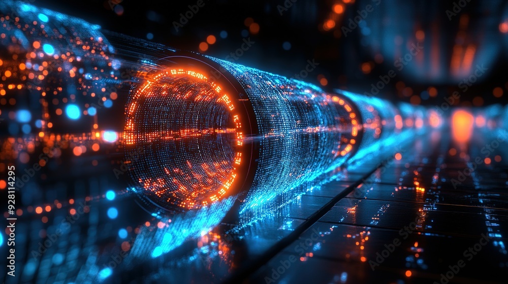 Poster glowing digital tunnel with abstract patterns and bokeh lights