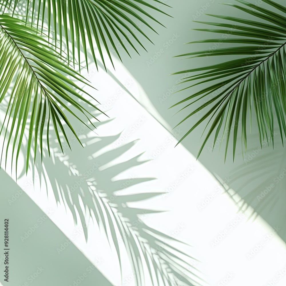 Poster elegant palm leaves casting shadows on a light surface, creating a tranquil and refreshing atmospher