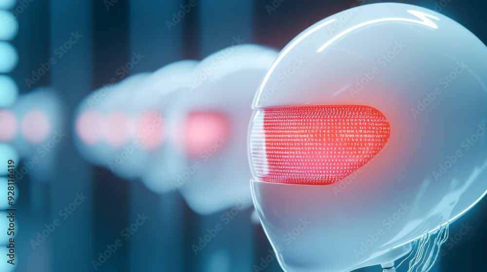 Poster futuristic robot heads with glowing features, highlighting advancements in technology and artificial