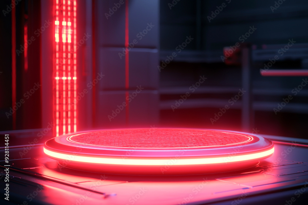 Poster futuristic platform with bright red lights, ideal for sci-fi settings and high-tech concepts.