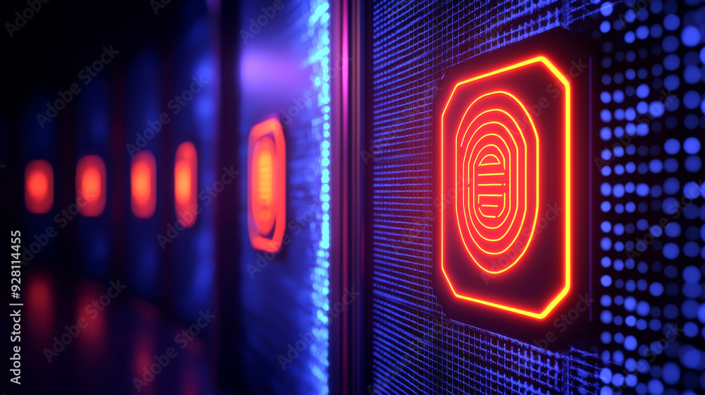 Poster futuristic technology background featuring glowing fingerprint sensors on a circuit board, emphasizi