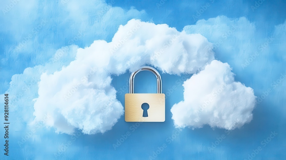 Poster a secure padlock symbolizes data protection against threats in the cloud, representing security and 