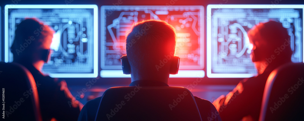 Poster silhouettes of individuals working with advanced technology on multiple screens in a dark environmen