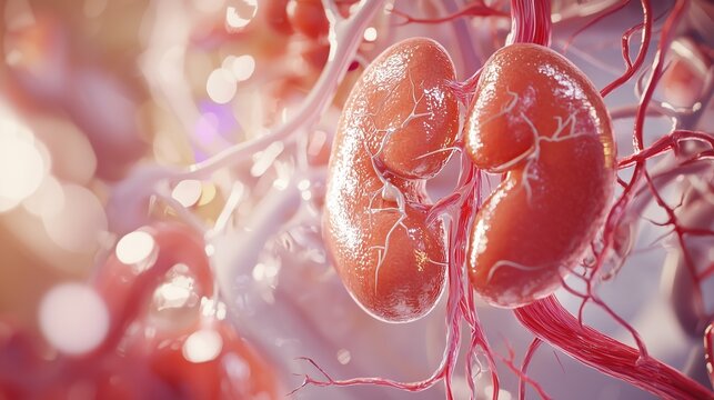A close-up rendering of the human urinary system, showing the kidneys, bladder, and ureters in detail against a clinical background