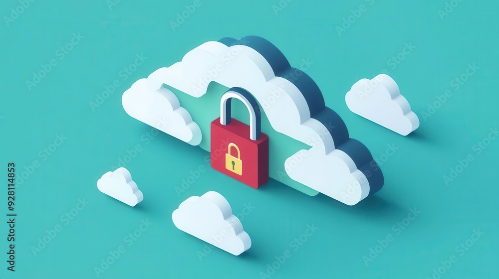 Poster a colorful 3d representation of a cloud with a padlock, symbolizing cloud security and data protecti