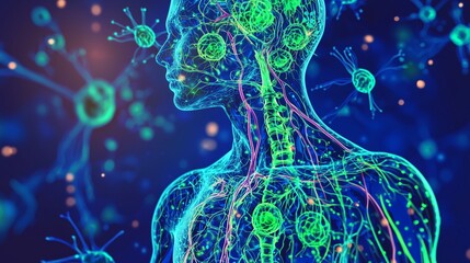 A vibrant illustration of the human lymphatic system, highlighting lymph nodes, vessels, and the spleen with a focus on immune function