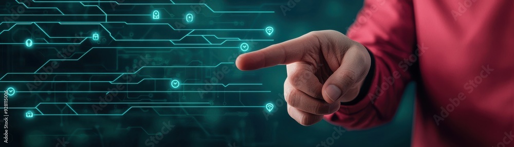 Poster a person interacts with digital technology, pointing at a glowing circuit interface, representing in