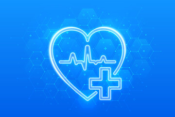 Healthcare. Health insurance. Heart with cross and heartbeat icon on blue medical background with hexagons. Health Care and Medical services banner. Molecular structure. Vector illustration.