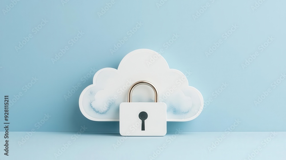 Poster digital cloud security concept with a padlock symbolizing data protection and privacy in a minimalis