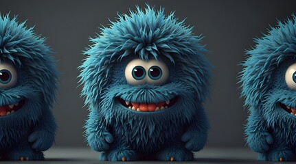 Fototapeta premium Cute blue furry monster 3D cartoon character.generative.ai