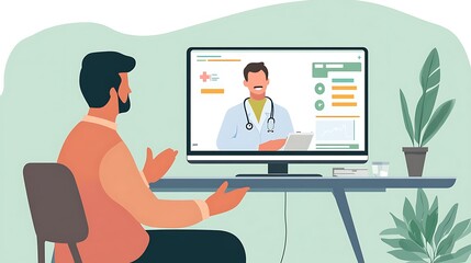 Virtual health consultation in progress, with a patient discussing symptoms with a doctor via video conferencing software