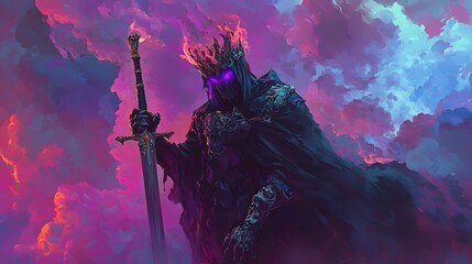 grim Reaper with Glowing Crown in Front of Colorful Clouds
