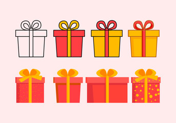 Set of gift box in flat design vector icon. Package, present box isolated on white background.