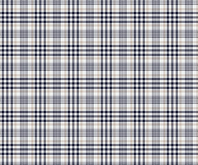 Plaid fabric pattern, white, navy, gray, seamless for textiles and designing clothing, skirts, pants, aprons, tablecloths, blankets or decorative fabrics. Vector illustration.