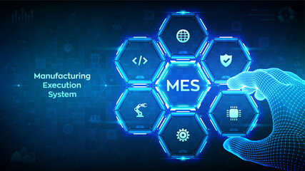 MES. Manufacturing execution system. Automation Software. Innovation, improving productivity. Wireframe hand places an element into a composition visualizing MES. Vector illustration.