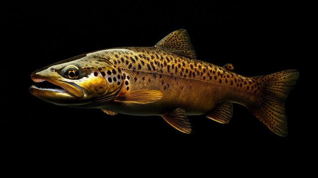 Close-up vivid brown trout fish isolated on black background showing gold scales pattern