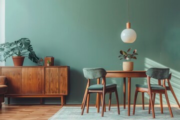 Scandinavian Mid-Century Home Interior - Mint Chairs, Round Dining Table, Sofa, Cabinet Near Green Wall in Modern Living Room.