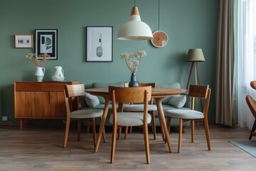 Mint Color Chairs at Round Wooden Dining Table in Scandinavian Mid-Century Living Room - Modern Home Interior Design.