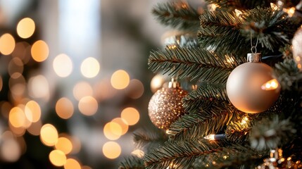 Christmas tree with colorful bokeh lights in the background, softly glowing