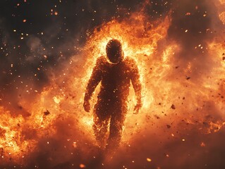 Obraz premium Illustrate a distant view of a character writhing in agony, surrounded by flames of searing heat Render the burning sensation with vivid detail using CG 3D