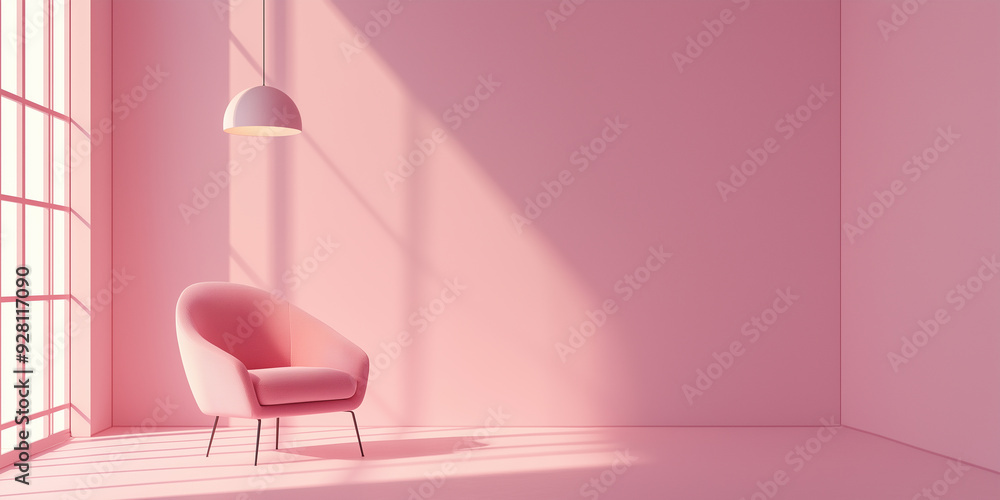 Poster pink armchair standing in empty room with sunlight casting through window