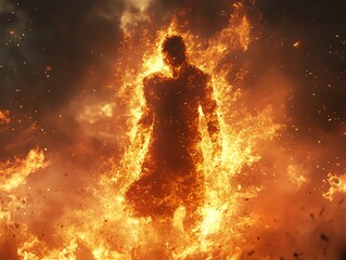 Obraz premium Illustrate a distant view of a character writhing in agony, surrounded by flames of searing heat Render the burning sensation with vivid detail using CG 3D