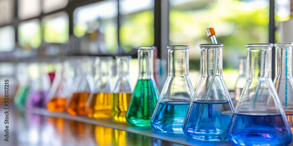 Aufkleber Flasks containing multicolored solutions in a modern laboratory setting