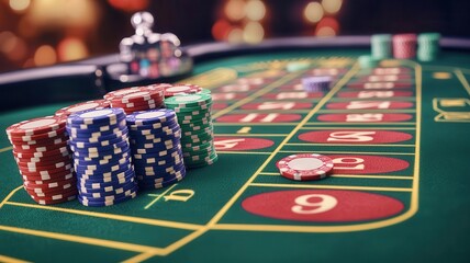A roulette table under dramatic lighting, with strategic bets placed on certain sections, chips carefully stacked by the numbers, photo-realistic, focused strategy session