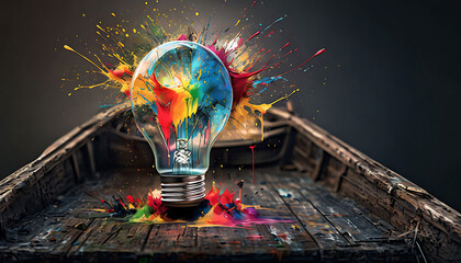 Creative light bulb, on rustic wooden boat deck, explodes with colorful paint and splashes on a dark background. Creative idea concepts