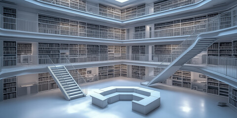 Obraz premium Modern white library interior design with bookshelves and stairs