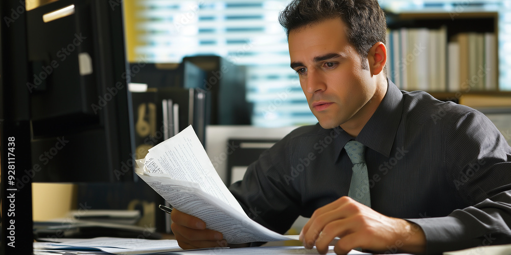 Poster businessman analyzing documents at office desk with computer