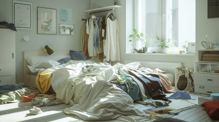 A messy bedroom with a bed covered in blankets and clothes, a closet with clothes hanging on hangers, a window with sunlight streaming through, and a bookshelf with books and a TV.