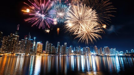 Explosion of fireworks over a city skyline, with bright colors reflecting in the water