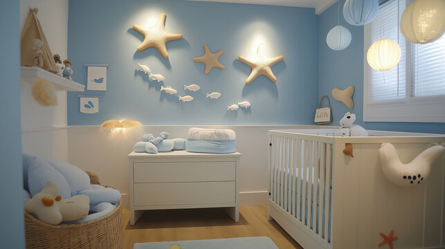 Modern baby boy room with ocean theme decorated with fish and starfish