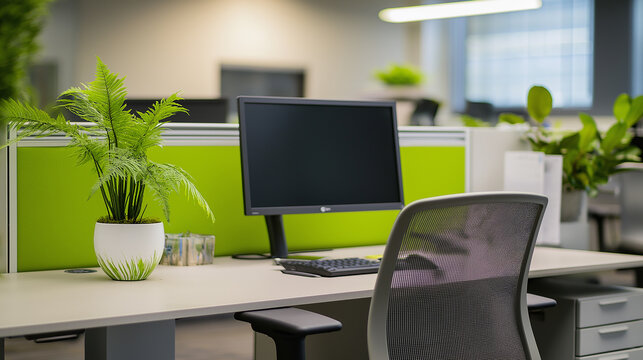 Modern office workstation featuring computer monitor and ergonomic chair