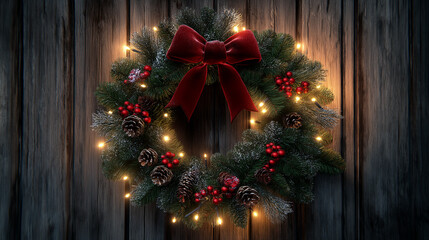Christmas wreath with fairy lights hanging on rustic wooden front door