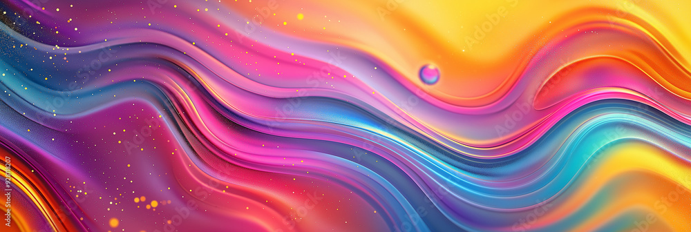 Poster abstract colorful fluid painting background with wavy shape and golden particles