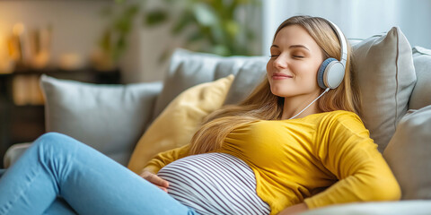 Pregnant woman relaxing on sofa listening music with headphones